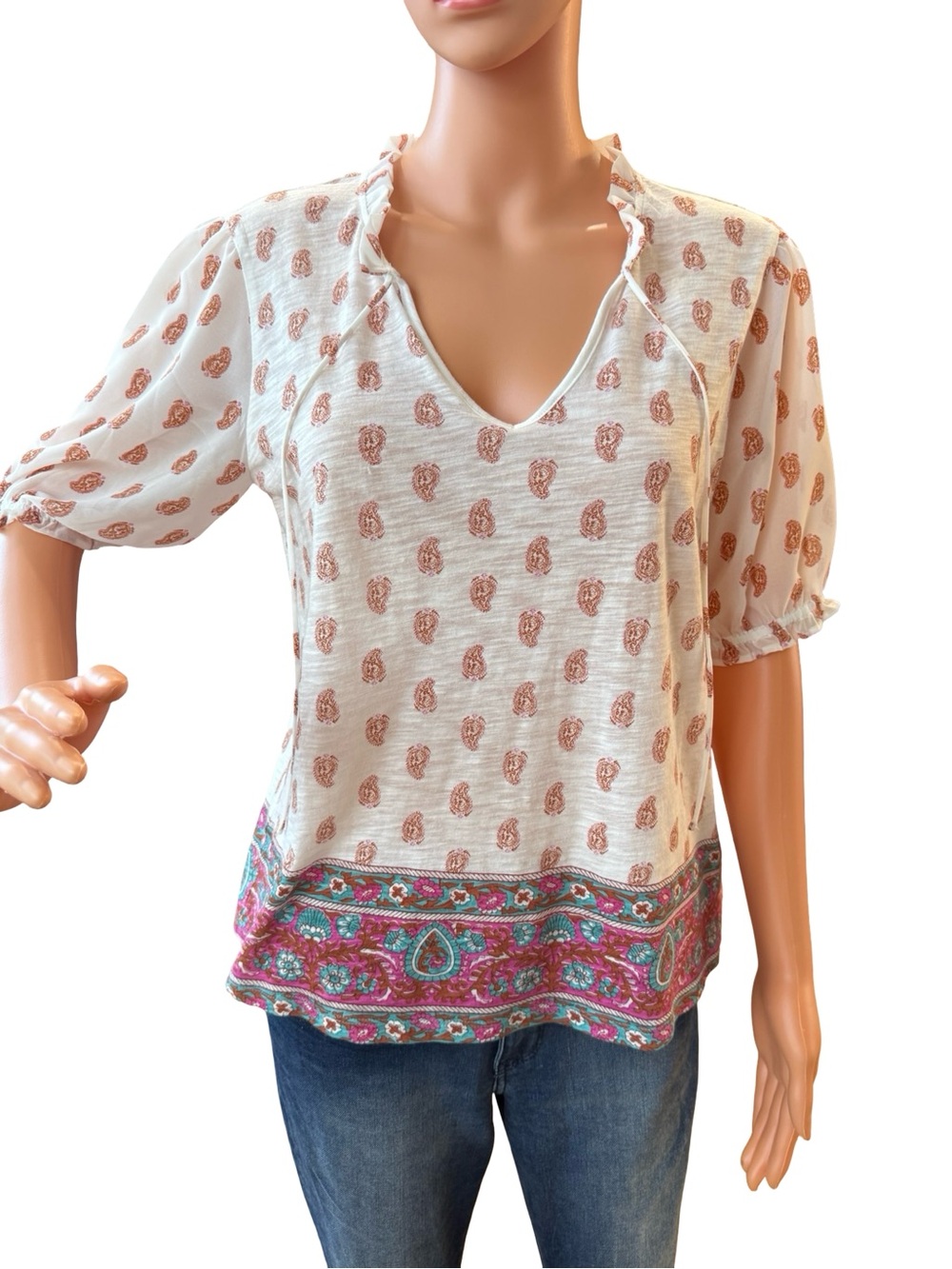 Lucky Brand Cream Paisley V-Neck Blouse with Pink-Green Border